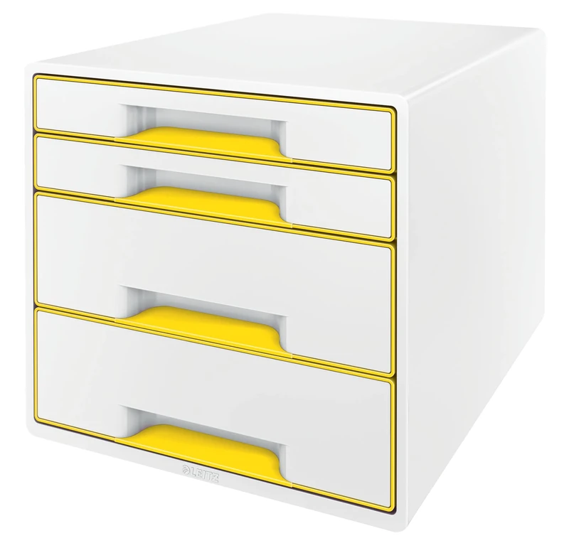 Leitz 4 A4 Drawer Cabinet with Marker Pen and Transparent Tray, Organiser, Wow Range, White/Yellow