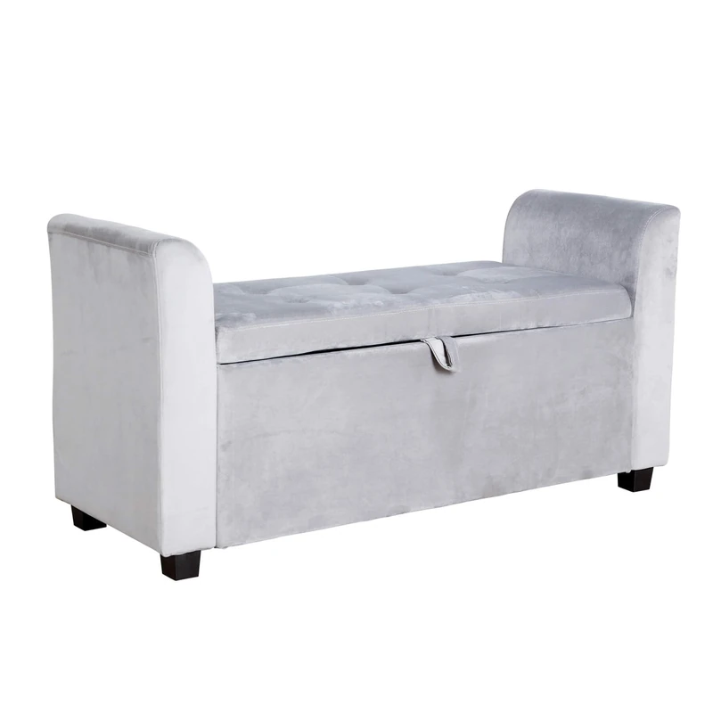 Home Source Storage Ottoman Window Seat, Footstool Bench, Lift Up Lid Chest, Bedding Blanket Toy Box, 120cm, Engineered Wood, Grey Velvet