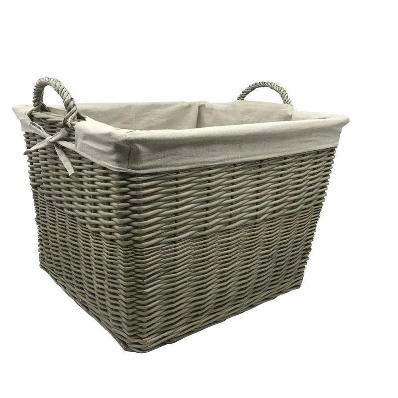 JVL Antiques Wash Canvas Lined Rectangle Log Basket with Loop Handles, Medium