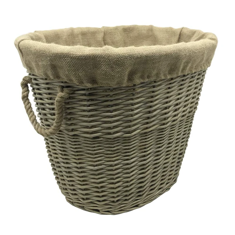 JVL Antiques Wash Canvas Lined Oval Log Basket with Rope Handles, Medium