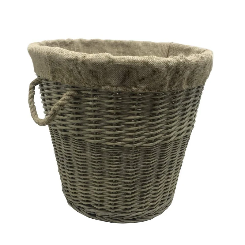 JVL Antiques Wash Canvas Lined Round Log Basket with Rope Handles, Medium
