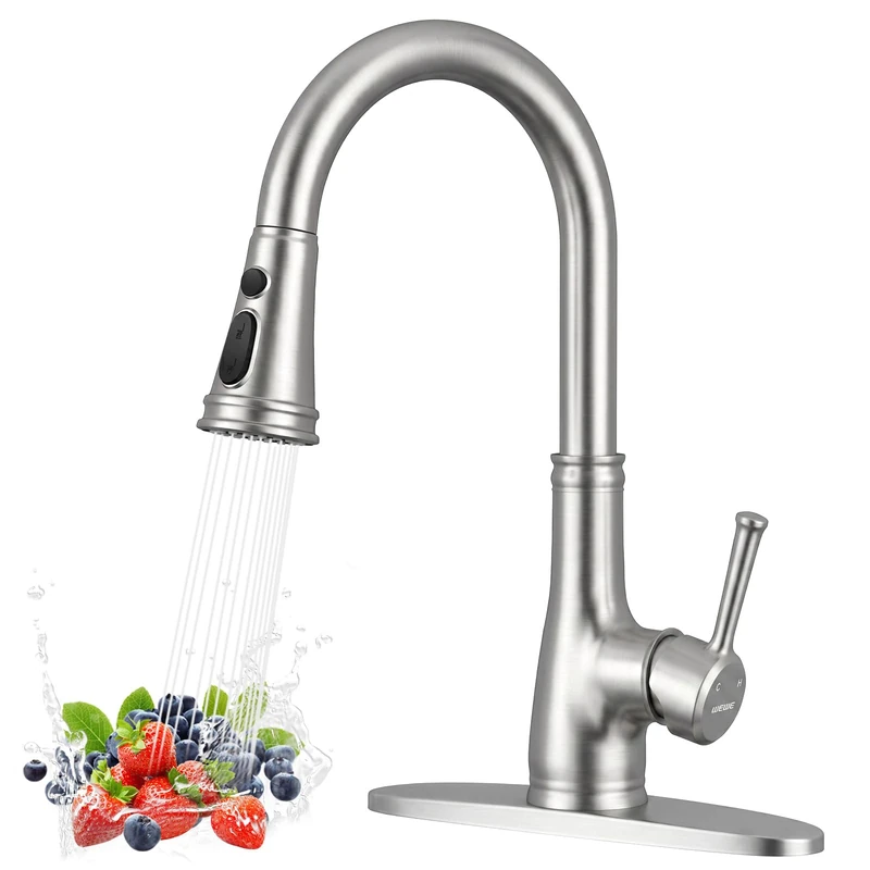 WEWE Vintage Kitchen Faucet with Pull Down Sprayer, Stainless Steel 1 or 3 Hole High Arc Single Handle Antique Sink Faucet for Classic Modern Ktichen, Brushed Nickel