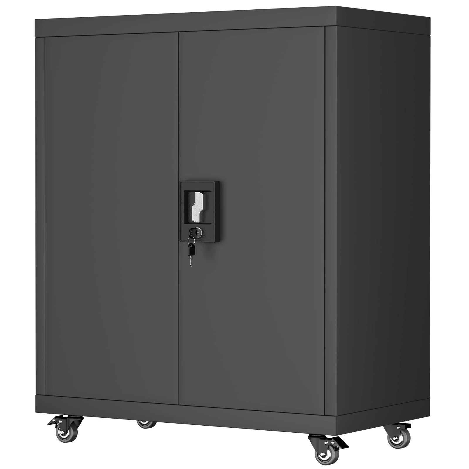 GREATMEET Metal Storage Cabinet Black Steel Counter Cabinet with 1 Adjustable Shelves, Lockable Swing Door Storage Cupboard for Office or Home (27.56" L x 13.78" W x 31.50" H)