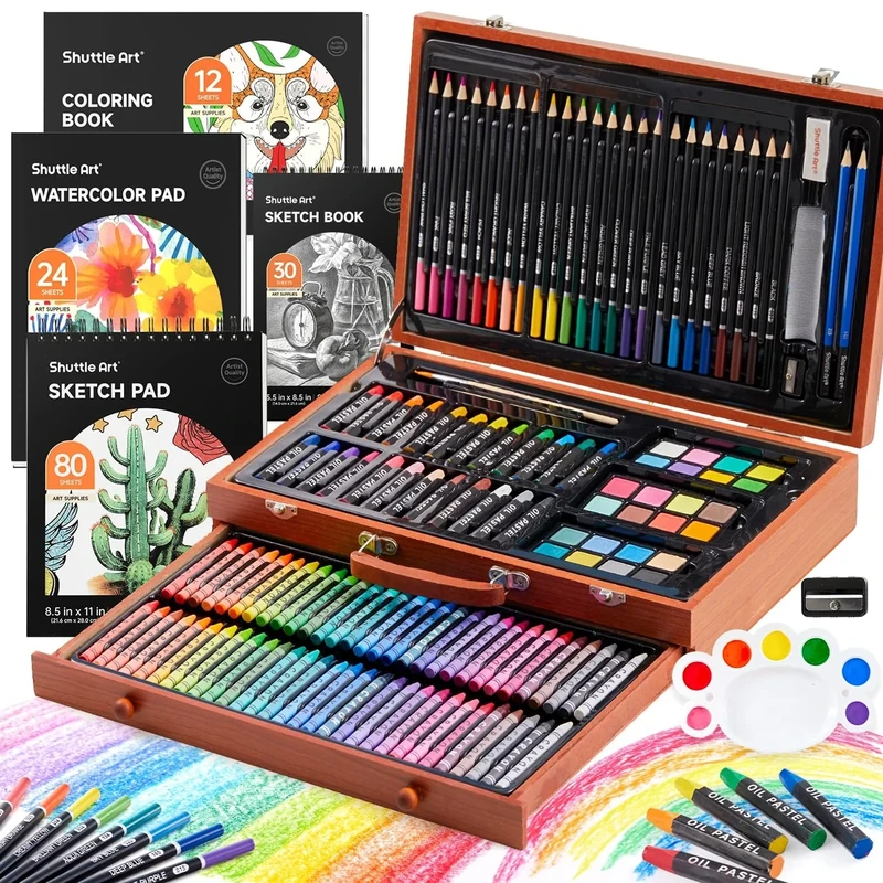 Shuttle Art 149 Piece Deluxe Art Set, Art Supplies in Wooden Case, Painting Drawing Art Kit with Acrylic Paint Pencils Oil Pastels Watercolour Cakes Colouring Book Sketch Pad for Kids and Adults