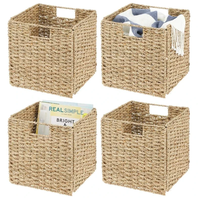 mDesign Set of 4 Storage Basket – Foldable Water Hyacinth Storage Box – Basket Storage Unit Ideal for Storing Clothes, Toys or Magazines – with Wickerwork Pattern – Natural/Tan