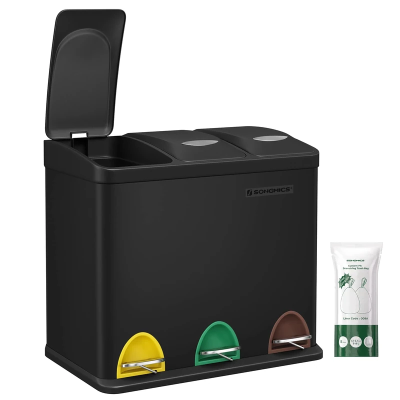 SONGMICS LTB24BK Small Volume Kitchen Waste Sorting Bin with Lids, Triple Steel Bin for Small Families, Pedals and Buckets, Easy to Clean, Black, 3 x 8L