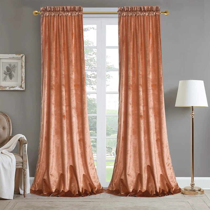 Roslynwood Room Darkening Crushed Velvet Peach Rose Curtains for Bedroom Thermal Insulated & Moderate Blackout Rod Pocket Window Curtain for Living Room 52WX96L (2 Panels)