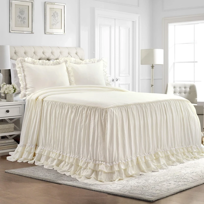 Lush Decor Ella Shabby Chic Ruffle Lace Bedspread Ivory Farmhouse Style Lightweight 3 Piece Set Queen, Polyester