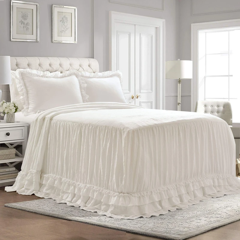 Lush Decor Ella Vintage Chic Ruffle Lace Bedspread White Farmhouse Style Lightweight 3 Piece Set Queen, Polyester