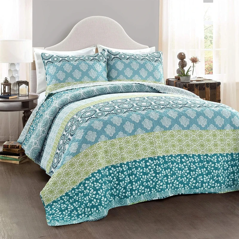 Lush Decor Bohemian Stripe, Cotton, Blue & Green, King