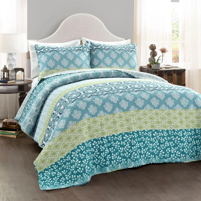 Lush Decor Bohemian Stripe Reversible Cotton Duvet Cover Set, Blue & Green, Full/Queen