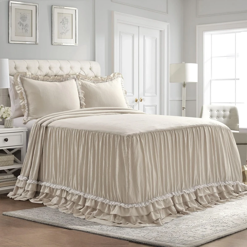 Lush Decor Ella Vintage Chic Ruffle Lace Bedspread Neutral Farmhouse Style Lightweight 3 Piece Set Queen, Polyester