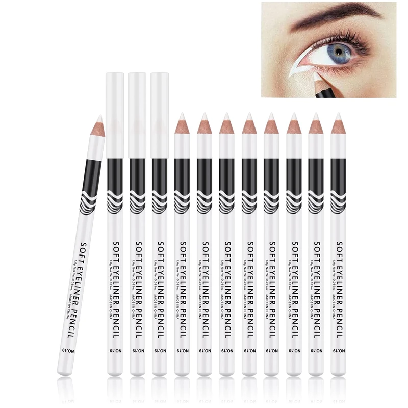 FREEORR 12 Packs Professional Highlighter Eye Liner Pen, White Eyeliner Pencil, Waterproof Long Lasting Eye Brighten