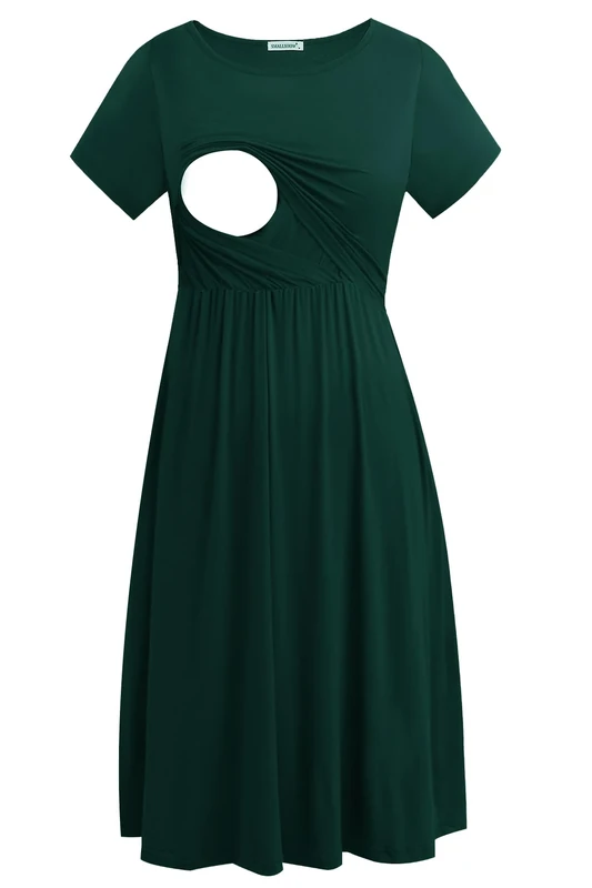 Smallshow Women's Short Sleeve Casual Maternity Nursing Dress for Breastfeeding Deep Green S