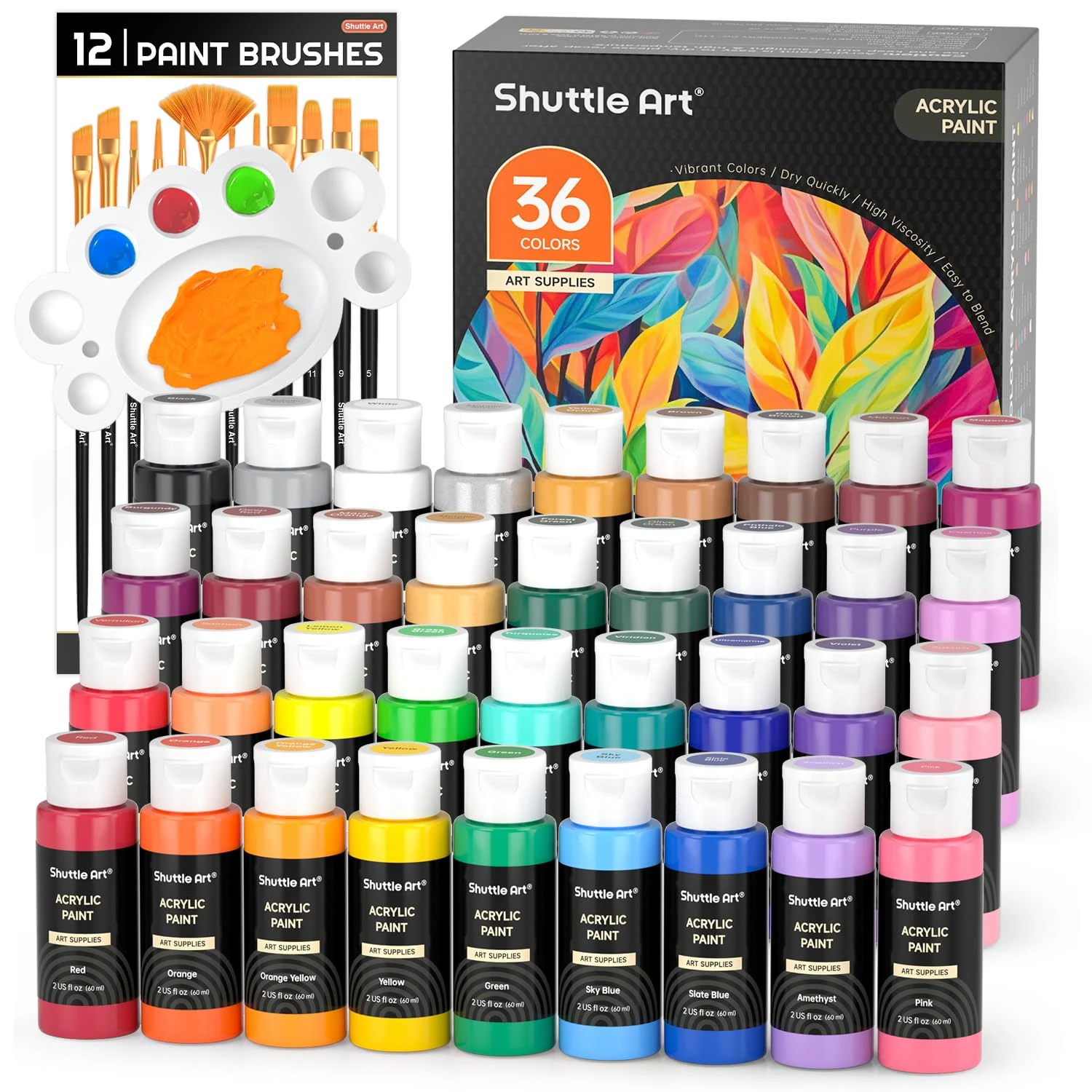 Shuttle Art Acrylic Paint Set, 36 Colours (60ml, 2oz) with 12 Brushes & 1 Palette, Craft painting, Rich Pigments,Non-Toxic for Artists,Beginners and Kids on Rocks, Crafts, Canvas,Wood, Fabric, Ceramic