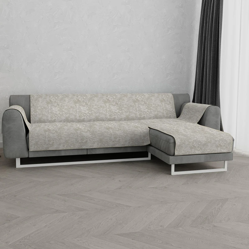 Italian Bed Linen “ Glamour” Anti-Slip Sofa Cover with Chaise-Longue Right, Beige, 290cm