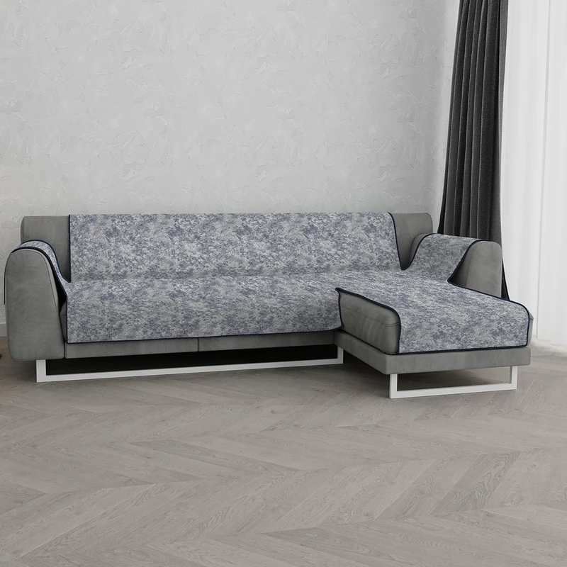 Italian Bed Linen “ Glamour” Anti-Slip Sofa Cover with Chaise-Longue Right, Dark Blue, 190cm