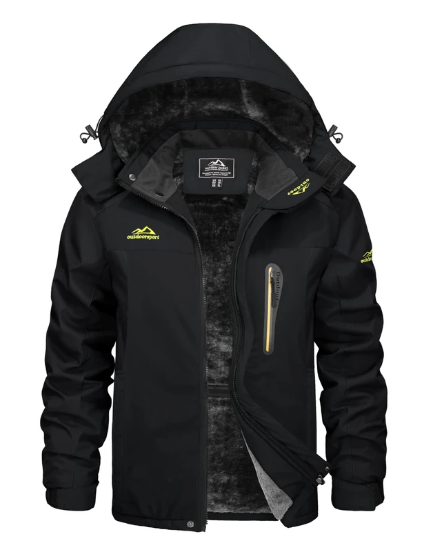 KEFITEVD Men's Winter Waterproof Ski Jacket Warm Hiking Coat Fleece Softshell Snowboarding Jackets with Detachable Hood,Black,S