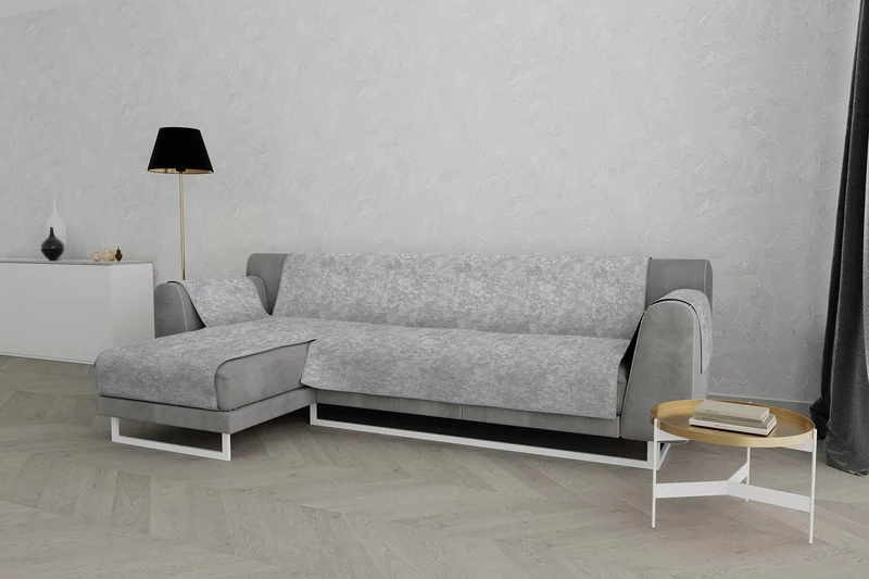 Italian Bed Linen “ Glamour” Anti-Slip Sofa Cover with Chaise-Longue Left, Light Grey, 190cm