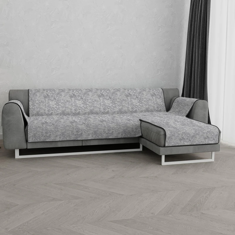 Italian Bed Linen “ Glamour” Anti-Slip Sofa Cover with Chaise-Longue Right, Dark Grey, 240cm