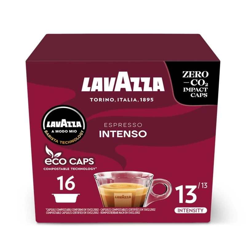 Lavazza, A Modo Mio Espresso Intenso, Coffee Capsules, Arabica and Robusta, Spicy Notes, Intensity 13/13, Medium-Dark Roasting, Compostable, 16 packs of 16 Coffee Pods (256 Coffee Capsules)
