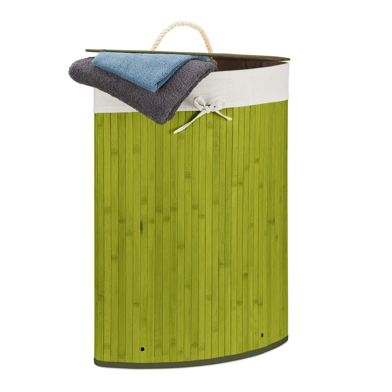 Relaxdays Bamboo Corner Laundry Basket, 65 x 49.5 x 37 cm, 64L, Folding Hamper with Laundry Sack, Green