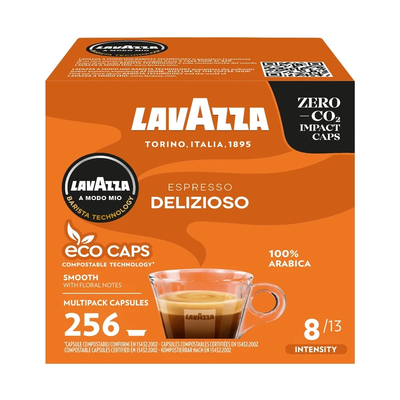 Lavazza, A Modo Mio Espresso Delizioso, Coffee Capsules, 100% Arabica, Sweet Taste, Intensity 8/13, Medium Roasting, Compostable, 16 Packs of 16 Coffee Pods (256 Coffee Capsules)