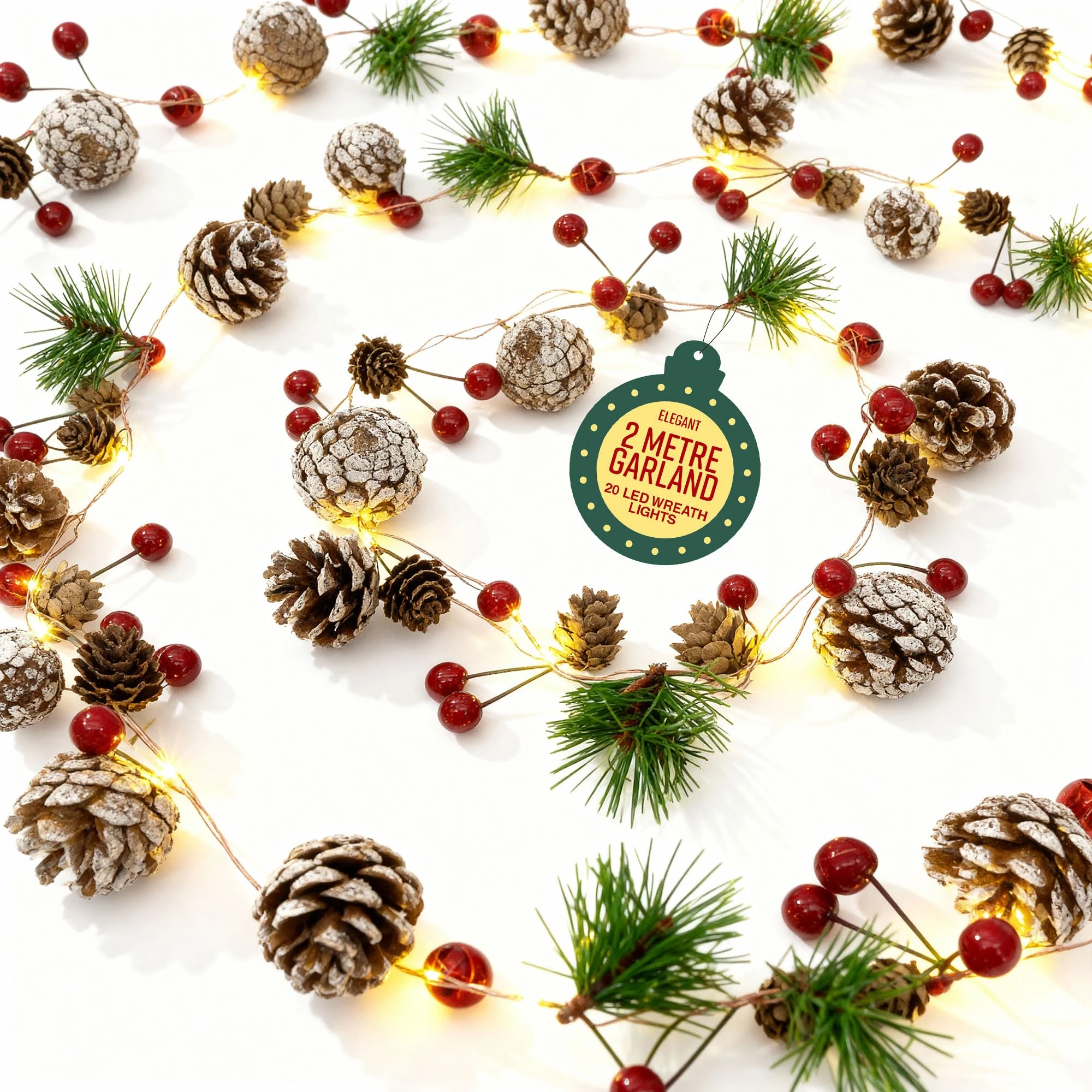 GloBrite 2M Christmas Garland with 20 LED Lights – Pre-Lit Decoration for Fireplace, Stairs, and Indoor Home Décor – Festive Garland for Christmas Decorations