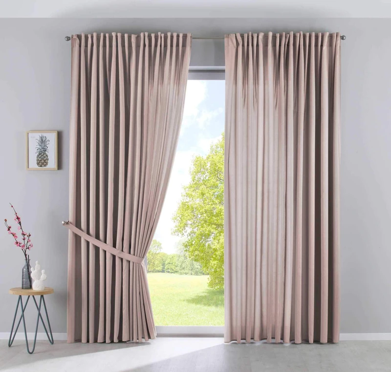 Gardinenbox Curtain Box Set of 2 Cationic JENA Opaque Linen Look Mottled Curtain Tape with Tie Backs 100% Polyester Taupe Height 250 x Width 300 cm