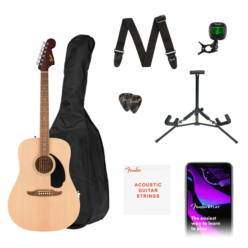 Fender California Debut Redondo Drednought Acoustic Guitar Pack in Natural. Includes a gig bag, a strap, picks, a guitar stand, clip-on tuner, Play and an extra set of strings.
