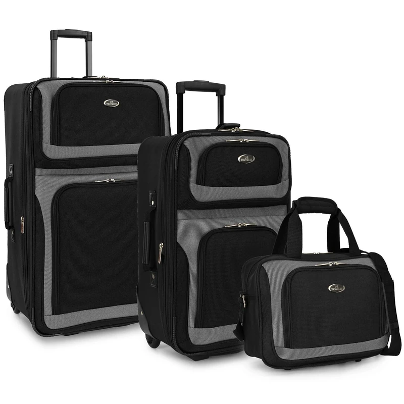 U.S. Traveler New Yorker Lightweight Softside Expandable Travel Rolling Luggage Set, Black Dobby, 3-Piece Set (15/21/29), New Yorker Lightweight Softside Expandable Travel Rolling Luggage Set