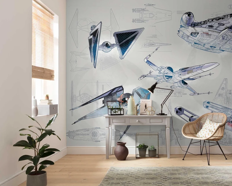 Komar Star Wars Blueprint Light | Size: 400 x 280 cm (Width x Height), Width 50 cm | Wallpaper, Wall Picture, Decoration, Wall Covering, Children's Room, DX8-078 Non-Woven Photo Wallpaper, Blue, Grey