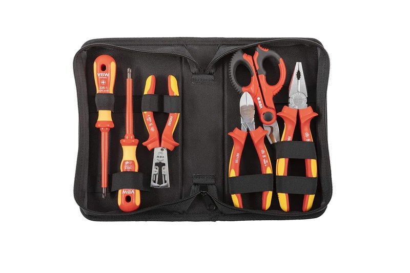 VBW 860020 Professional Electricians Set (6 Pieces, Screwdriver, Wire Stripper Pliers, Side Cutter, Electricians Shears, Combination Pliers), Black/Red/Silver