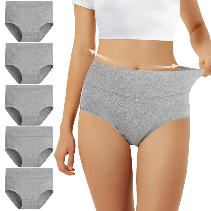 FALARY Women's Knickers High Rise Cotton Pack of 5 Grey