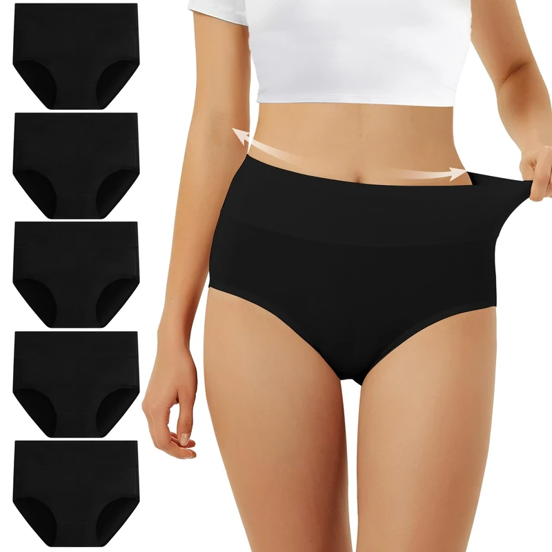 FALARY Women's Knickers High Rise Cotton Pack of 5 Black