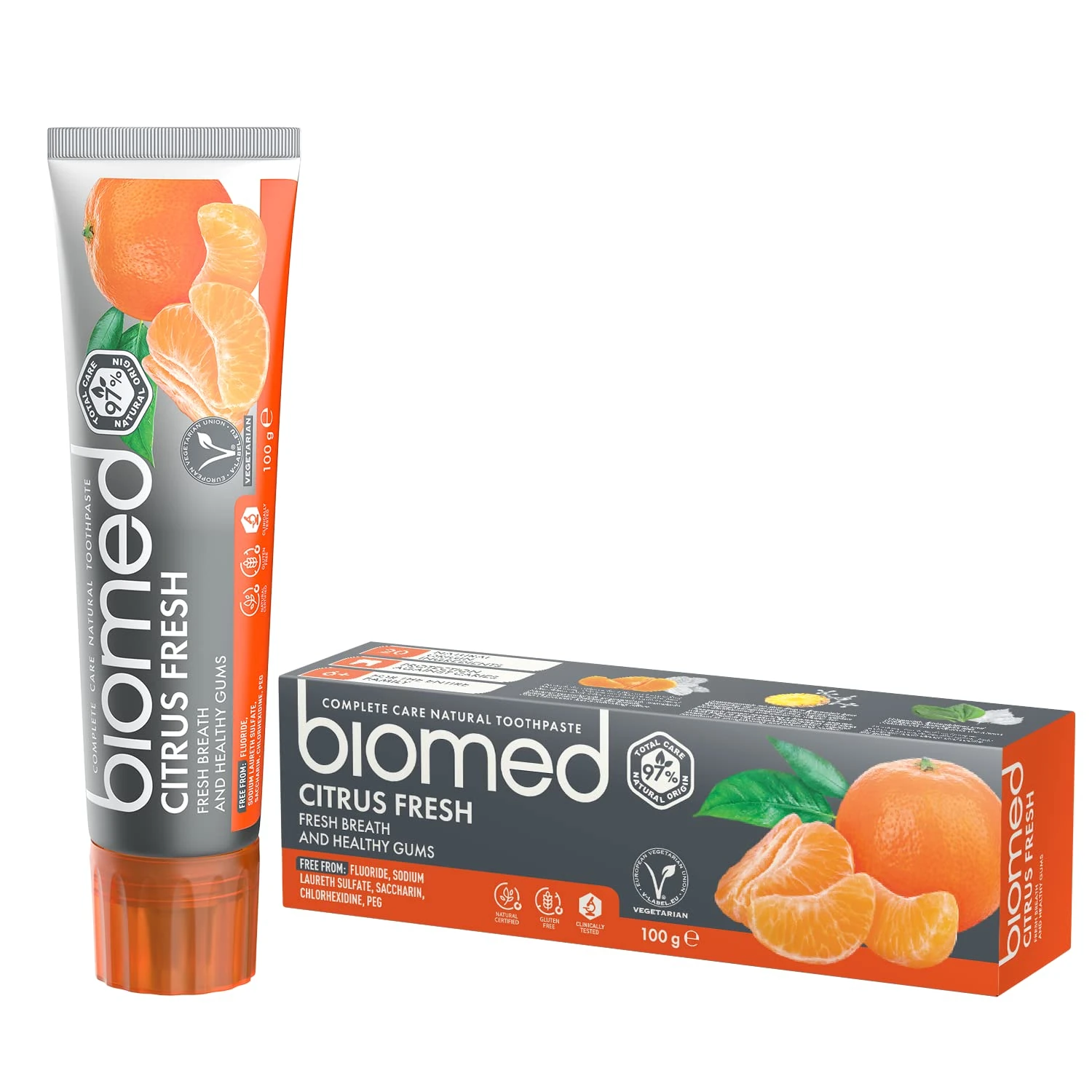 Biomed Citrus Fresh 97% Natural Toothpaste | Orange, Fresh Breath, Healthy Gums | Mandarin Grapefruit Lemon Essential Oils, Fruit Flavour, Vegetarian, SLES Free 100g