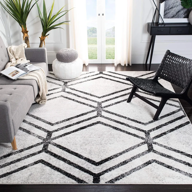 Safavieh Geometric Rug for Living Room, Dining Room, Bedroom - Adirondack Collection, Short Pile, in Ivory and Charcoal, 240 X 300 cm