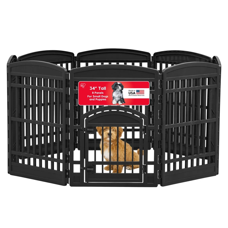 IRIS USA 34" 8-Panel Pet Playpen with Door, Dog Playpen, For Medium and Large Dogs, Keep Pets Secure, Easy Assemble, Fold It Down, Easy Storing, Customizable, Black