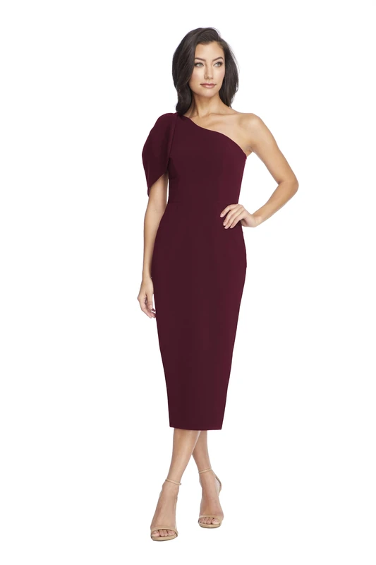 Dress the Population Women's Tiffany Asymmetrical Bow Neckline Bodycon Midi Dress, Burgandy, M