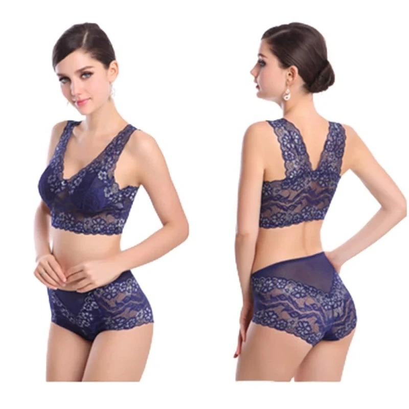 xurupeng Women's Lace Bra and Panties Set - Blue, Size L