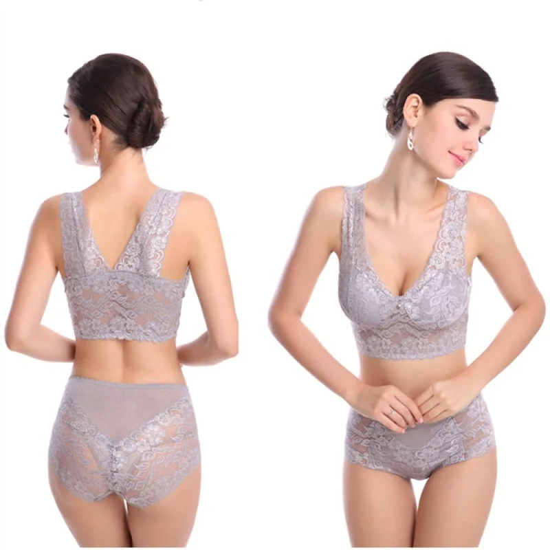 xurupeng Women's Lace Bra and Panties Set - Gray, Size L
