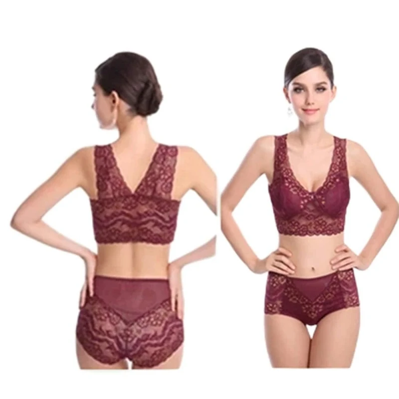 xurupeng Ladies Lace Bra and Panties Set - Liquor Red L