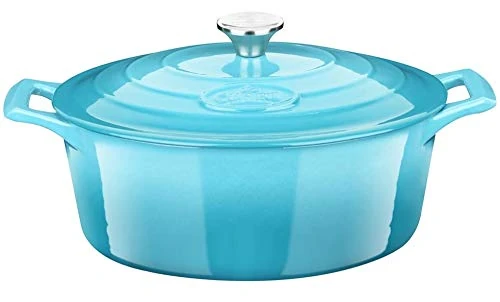 La Cuisine Enameled Cast Iron Oval Casserole Dish Dutch Oven Pot - 6.5 Litre 33cm Matte Black Enamel Interior, Pale Blue Enamel Exterior, Induction, Oven Safe