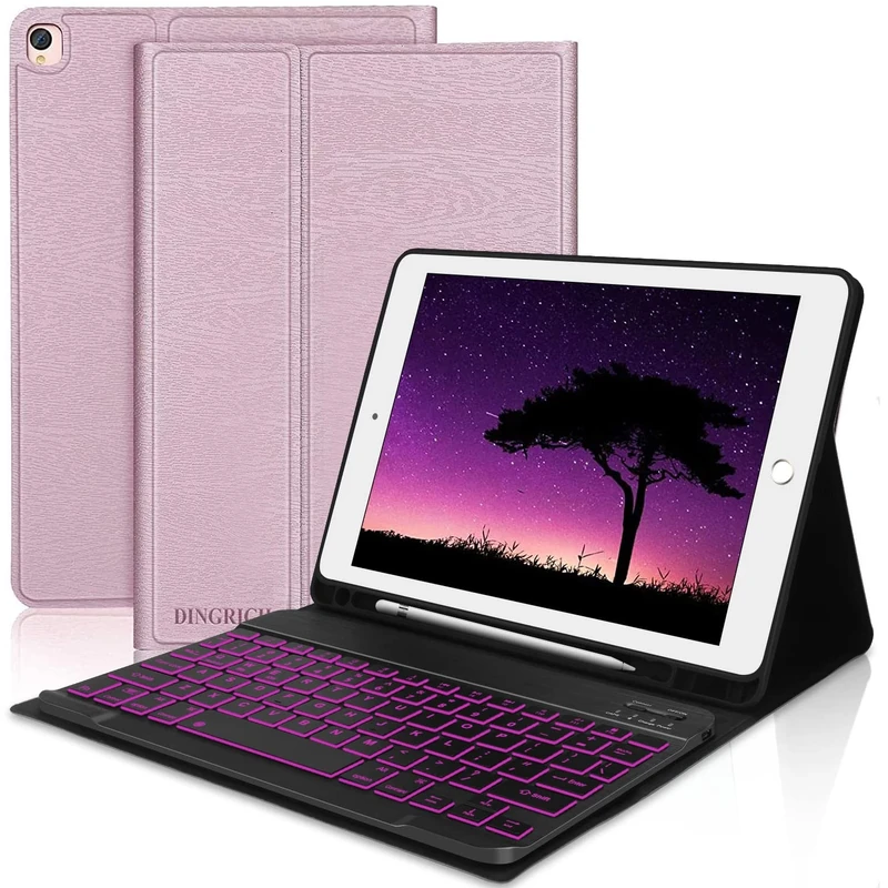 Keyboard Case for iPad 9th/8th/7th Generation 10.2", Wireless Bluetooth Keyboard with 7-color Backlit, Slim Cover with Pencil holder for iPad 10.2 Inch/iPad Air 3/iPad Pro 10.5 Inch 2017, Rose Gold