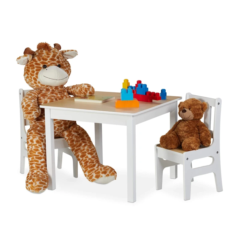 Relaxdays Children’s Table with 2 Chairs, Indoor Play Furniture Ensemble, 3-Piece Set, Robust, MDF, White/Natural