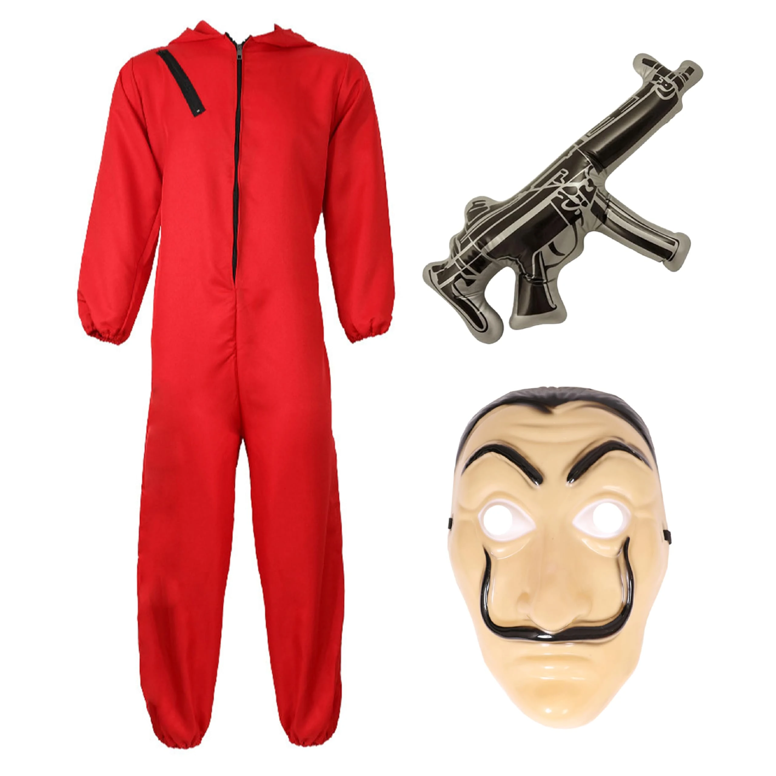 Adults Bank Robber Halloween Costume - Medium - Red Jump Suit, Mask and Inflatable Machine Gun - Adults Halloween Fancy Dress Costume