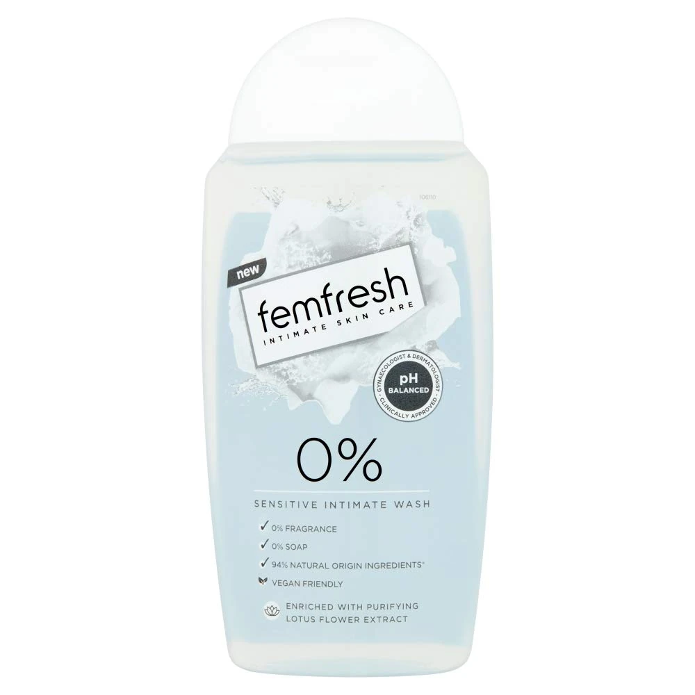 Femfresh 0% Sensitive Intimate Wash, Feminine Hygiene Shower & Bath Gel Cleanser, pH Balanced, Soap & Fragrance Free Feminine Wash, Vegan Formula with Lotus Flower Extract, 250ml