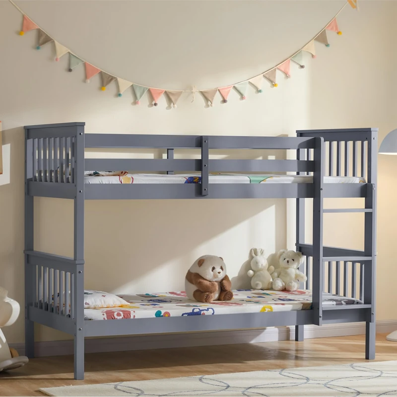 Vida Designs Milan Bunk Bed With Ladder, Kids Twin Sleeper, Solid Pine Wood Frame, Children's, Single 3 Foot, Grey