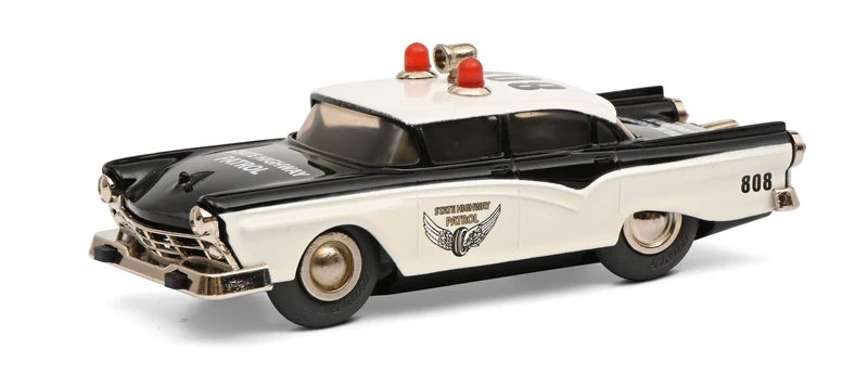 Schuco 450176000 Micro Racer Fairlane Police, 1045/1, Model Car with Rotating Lights and Speakers on Roof, Die-Cast with Wind-Up Motor, Black/White, Closed Box with Sliding Cover