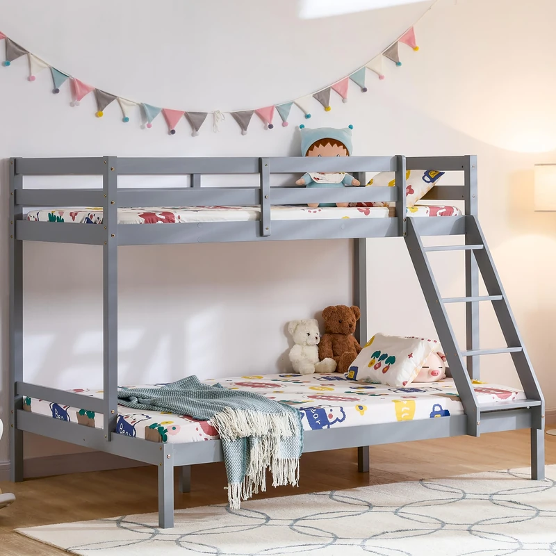 Vida Designs Sydney Triple Bunk Bed, Three Sleeper, Solid Pine Wood Frame, Kids Children, Double 4 Foot 6, Single 3 Foot, Grey